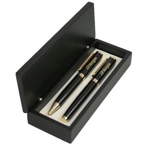 Glossy Black Ballpoint and Roller Ball Pen with Gold Accents Pen Set