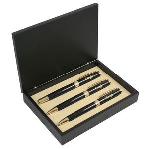 Glossy Black Ballpoint and Roller Ball Pen with Pencil Diamond Cut Ring Pen Set