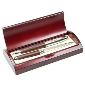 Brown Leather Pen and Letter Opener Set in Wooden Box