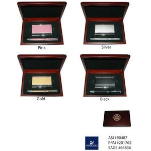 Metal Card Holder and Pen Set with Swarovski Crystal Decoration in Wood Box
