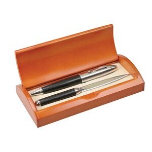 Black Leather Pen and Letter Opener Set in Wooden Box