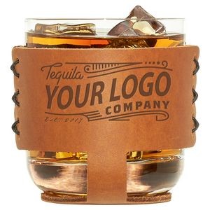 Full-Grain Leather Rocks Sleeve & Glass home bar set- single glass w/ sleeve cocktails, whiskey