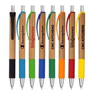 Eco Friendly - Click Action Pen - Bamboo Barrels with Solid Colored Grip and Pocket Clip