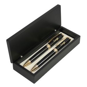 Glossy Black Ballpoint Pen and Pencil with Gold Cut Accent Pen Set