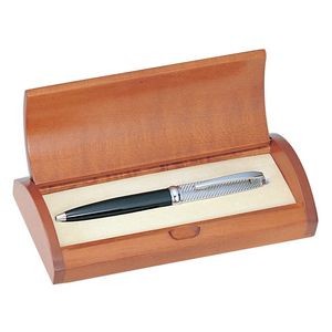 Silver Trim Executive Ball Pen in Curved Wooden Gift Box