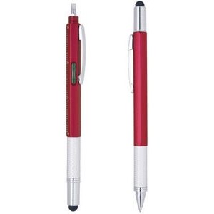 Multi-Function Tool Pen with stylus, ruler, level tool, fillips and flathead screw drive - Red